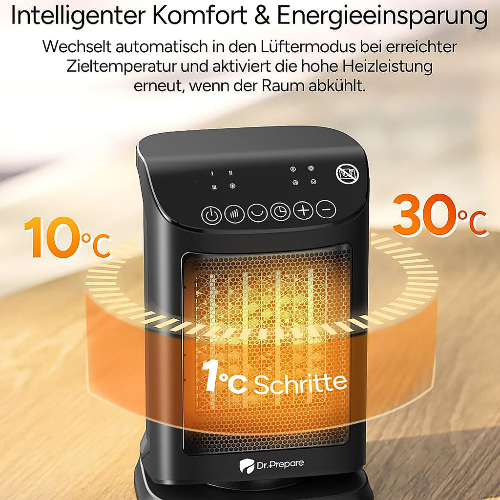 DR.PREPARE Fan Heater, Energy-Saving, Small, 1800 W Fan Heater, Quiet with Thermostat 5 Modes (3 Heating Modes + Fan Mode + Eco Mode), 70° Oscillating, 12H Timer, Overheating & Tilt Protection for Home