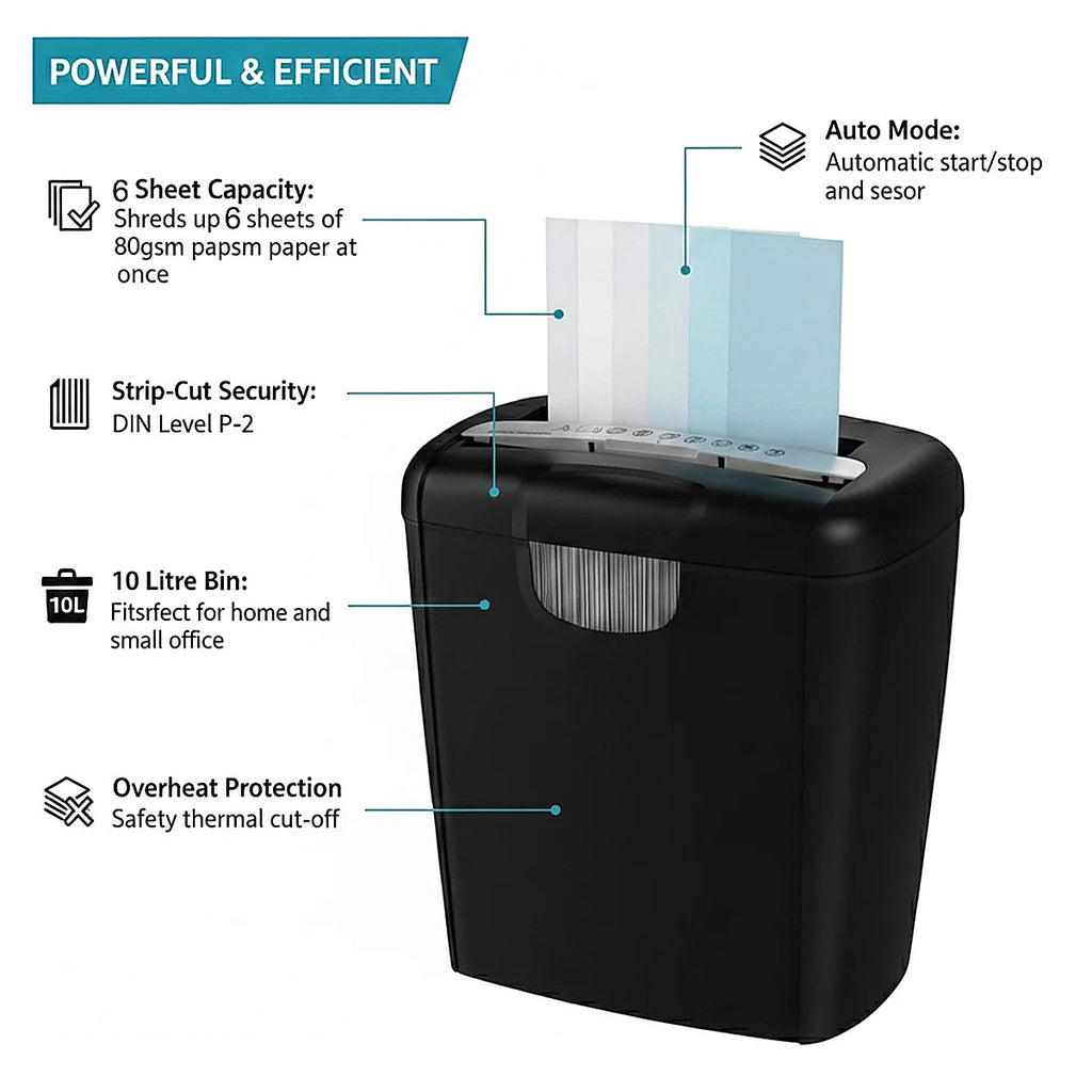 Paper Shredder 5 Sheet 10 Litre Strip Cut A4 Auto on Reverse For Home Office UK