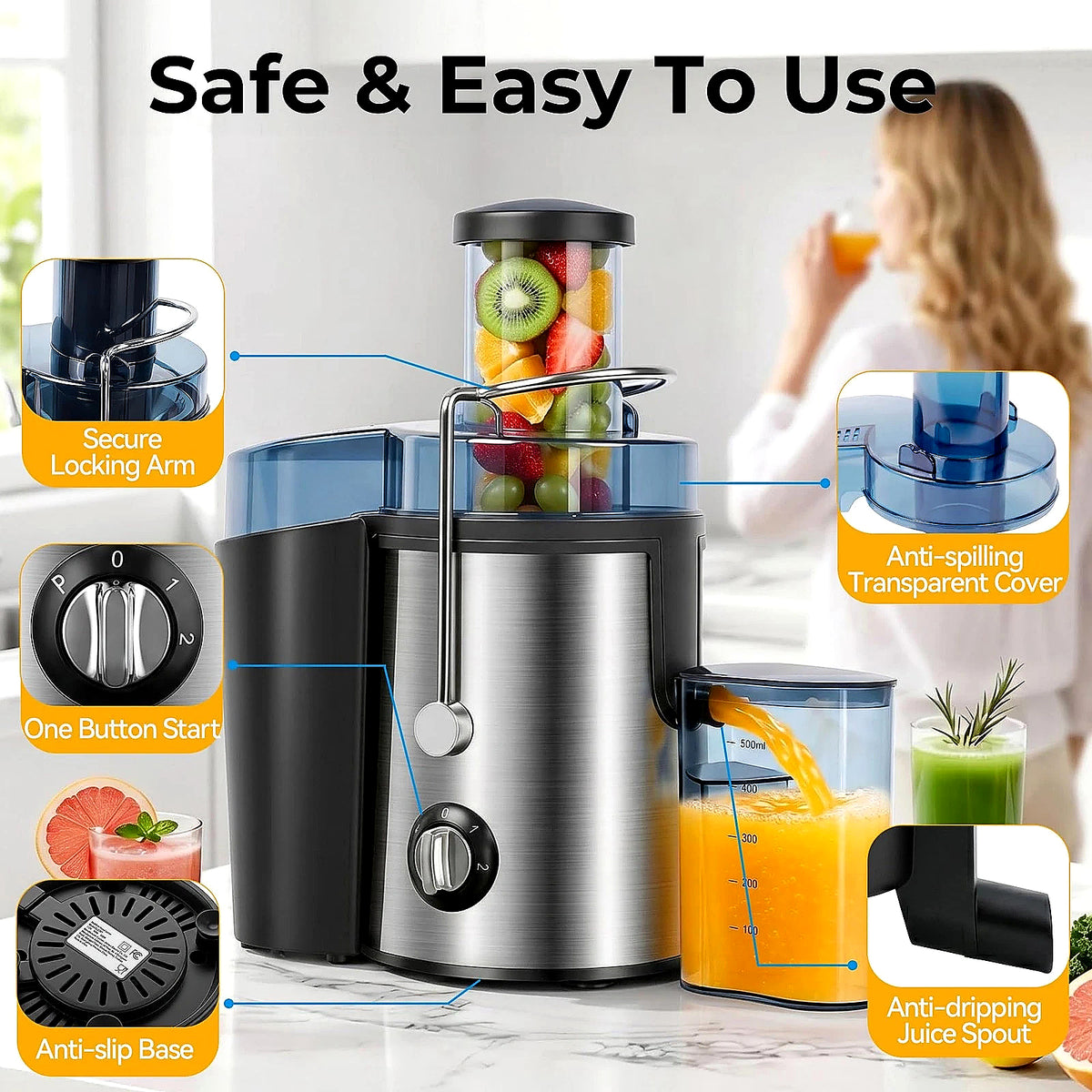 2000W Juicer Machine Whole Fruit Vegetable Large Juice Extractor Stainless Steel