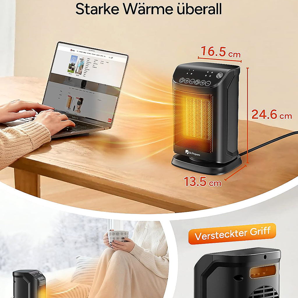 DR.PREPARE Fan Heater, Energy-Saving, Small, 1800 W Fan Heater, Quiet with Thermostat 5 Modes (3 Heating Modes + Fan Mode + Eco Mode), 70° Oscillating, 12H Timer, Overheating & Tilt Protection for Home