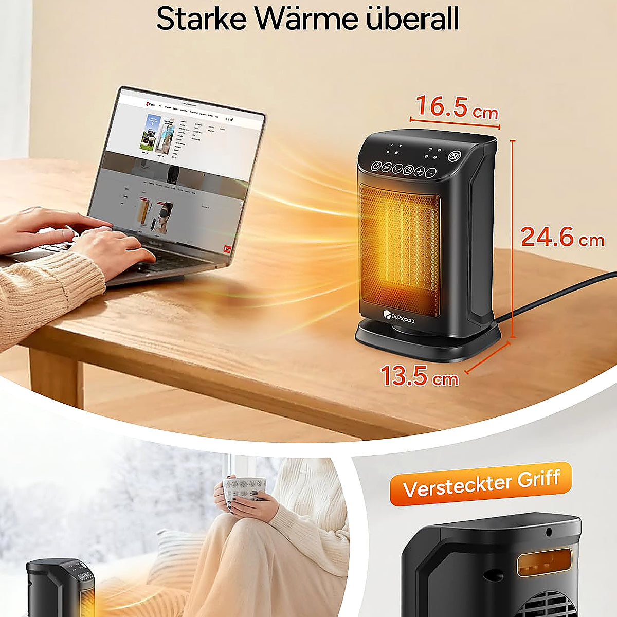 DR.PREPARE Fan Heater, Energy-Saving, Small, 1800 W Fan Heater, Quiet with Thermostat 5 Modes (3 Heating Modes + Fan Mode + Eco Mode), 70° Oscillating, 12H Timer, Overheating & Tilt Protection for Home