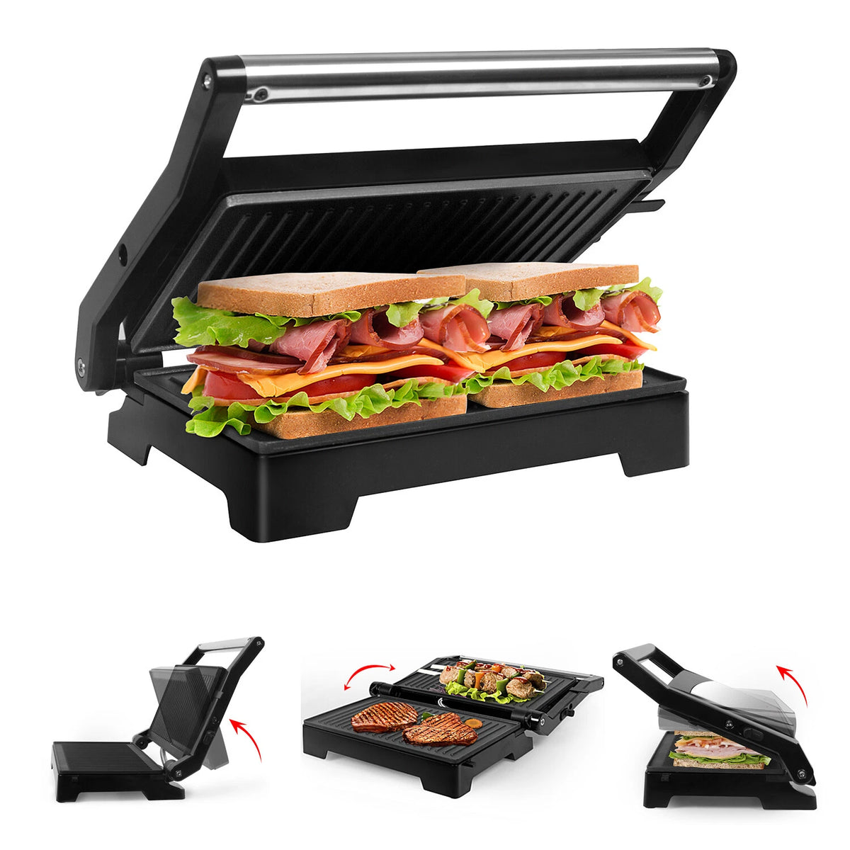 Contact Grill 1000W 180° Open Sandwich Toaster Table Grill PaniniMaker Electric Grill