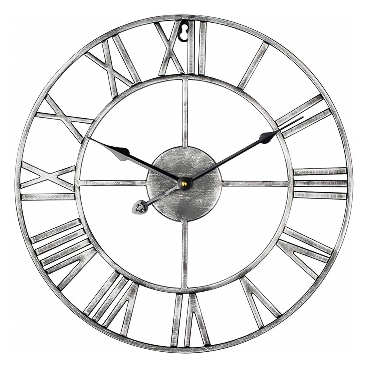 Große römische Skelett-Wanduhr aus Metall mit großen Ziffern und offenem, rundem Zifferblatt