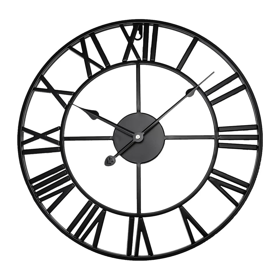 Große römische Skelett-Wanduhr aus Metall, große Ziffern, offenes rundes Ziffernblatt