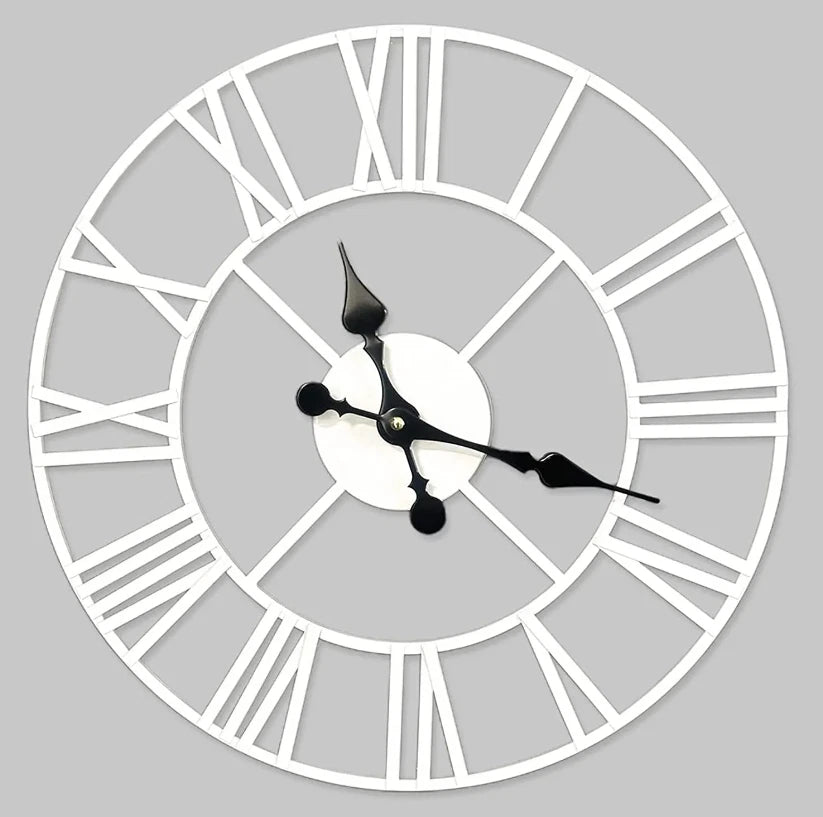 Große römische Skelett-Wanduhr aus Metall, große Ziffern, riesiges offenes rundes Ziffernblatt