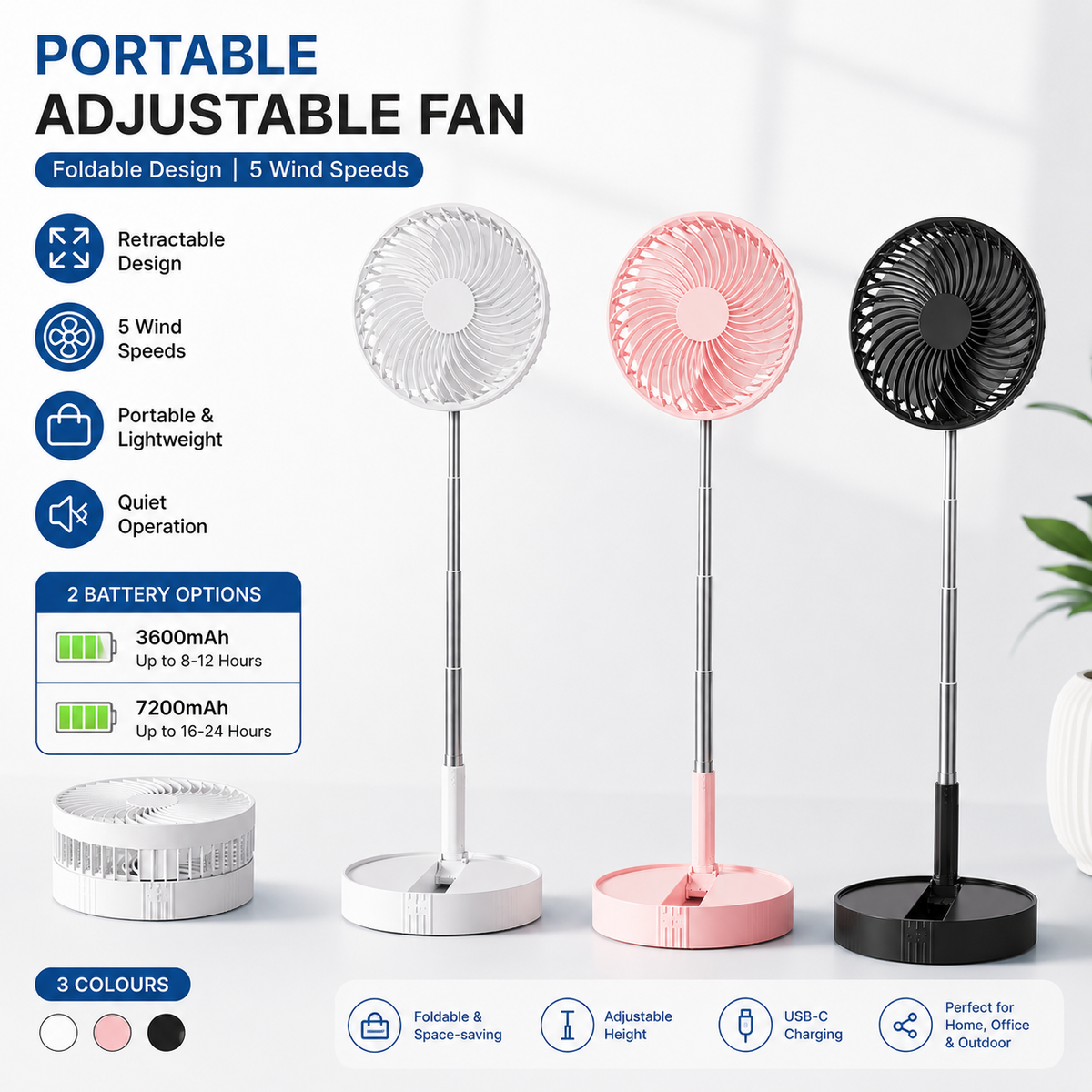 Kabelloser, teleskopierbarer und faltbarer Ventilator, USB-aufladbar und tragbar