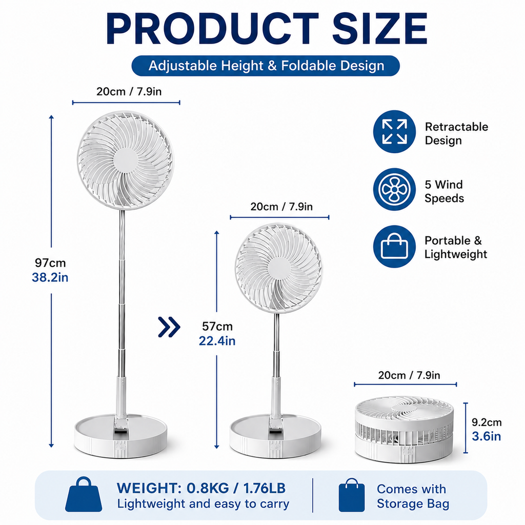 Kabelloser, teleskopierbarer und faltbarer Ventilator, USB-aufladbar und tragbar