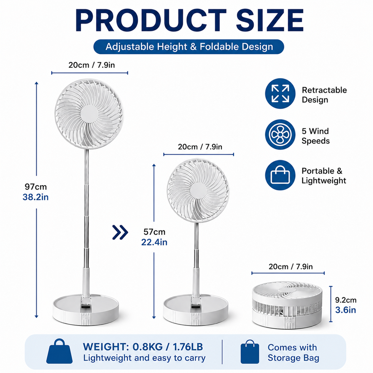 Kabelloser, teleskopierbarer und faltbarer Ventilator, USB-aufladbar und tragbar