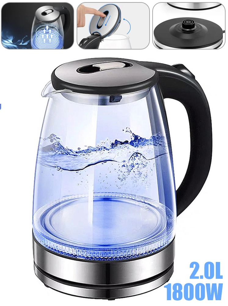 2L Electric Kettle Fast Glass Kettle Boil Quiet 360 Blue LED Boil-Dry Protection