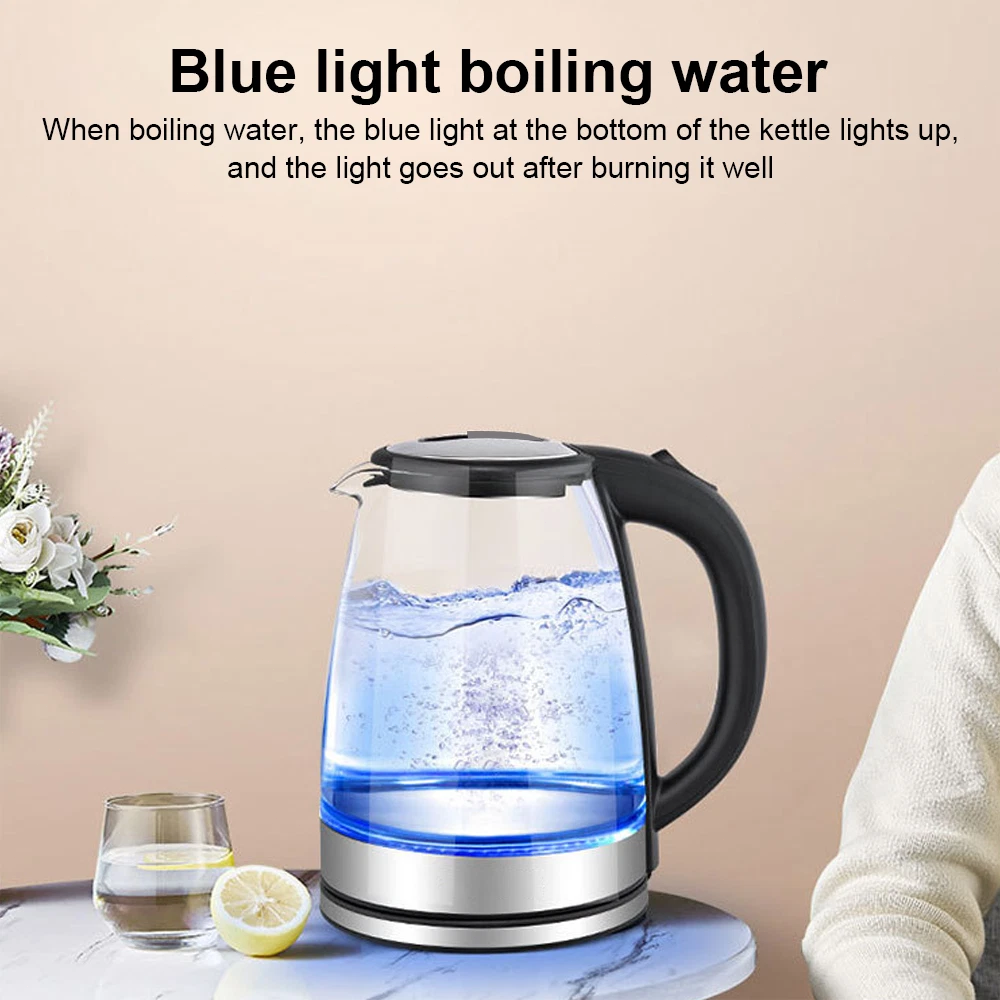 2L Elektrischer Wasserkocher, schnell, Glas, leise, 360°-Sockel, blaue LED-Anzeige, Trockengehschutz