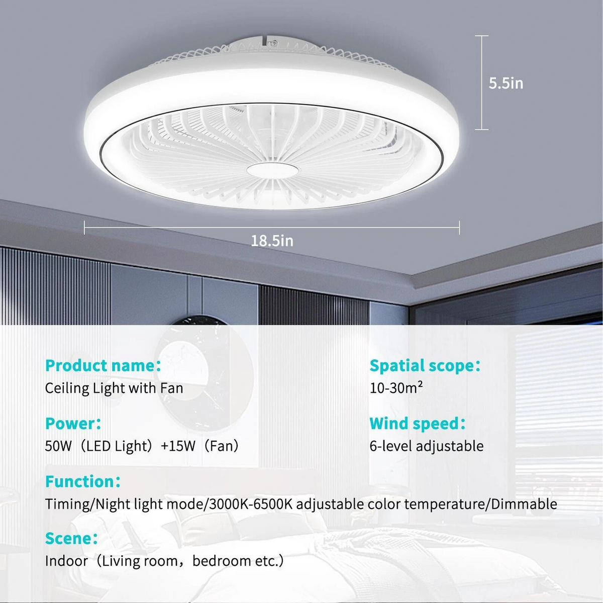Deckenventilator mit Fernbedienung und Licht, 70W LED-Leuchte, intelligenter, geräuscharmer Deckenventilator