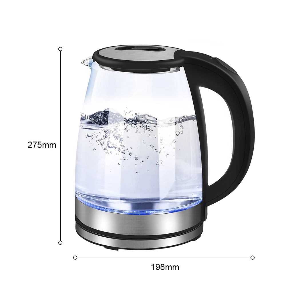2L Elektrischer Wasserkocher, schnell, Glas, leise, 360°-Sockel, blaue LED-Anzeige, Trockengehschutz