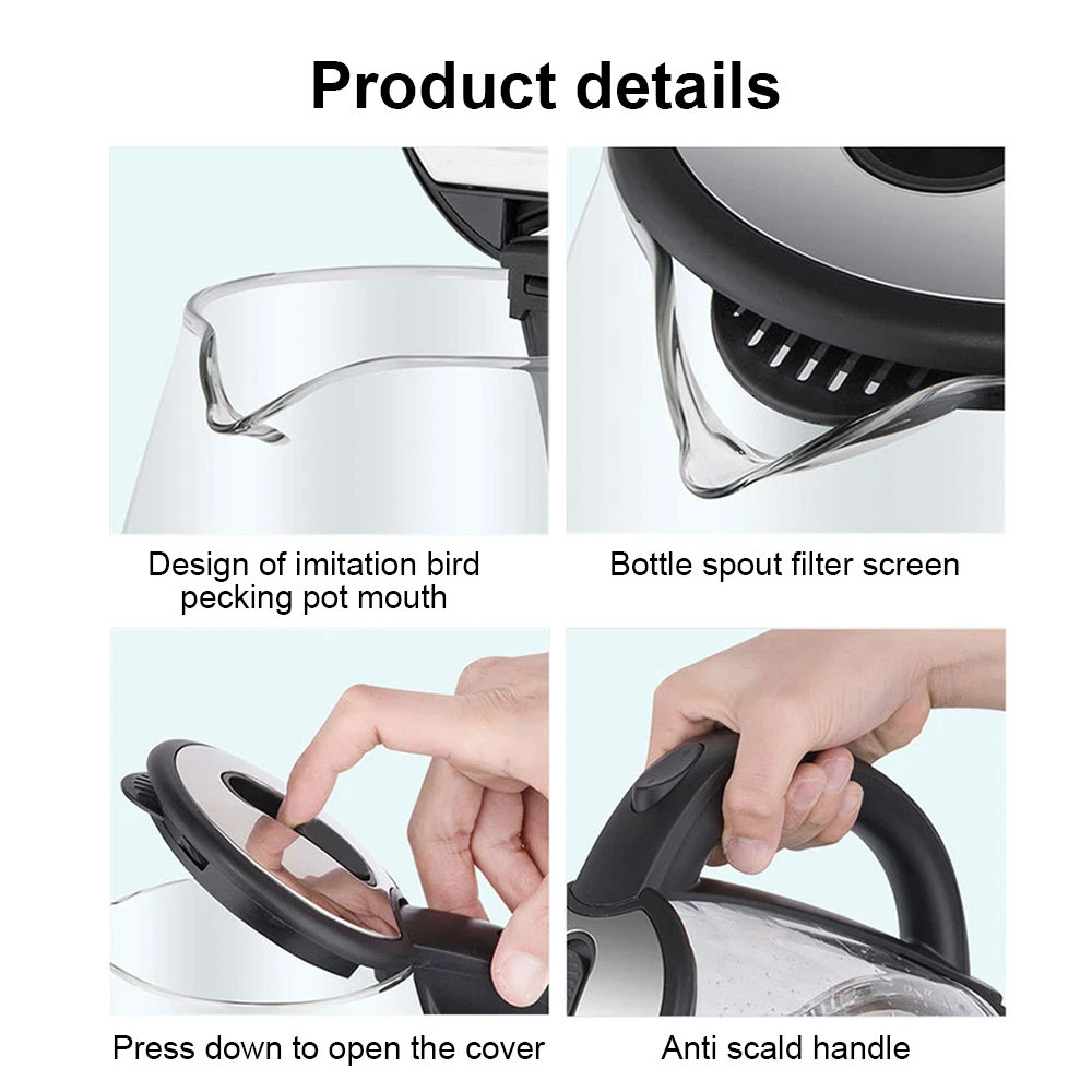 2L Electric Kettle Fast Glass Kettle Boil Quiet 360 Blue LED Boil-Dry Protection