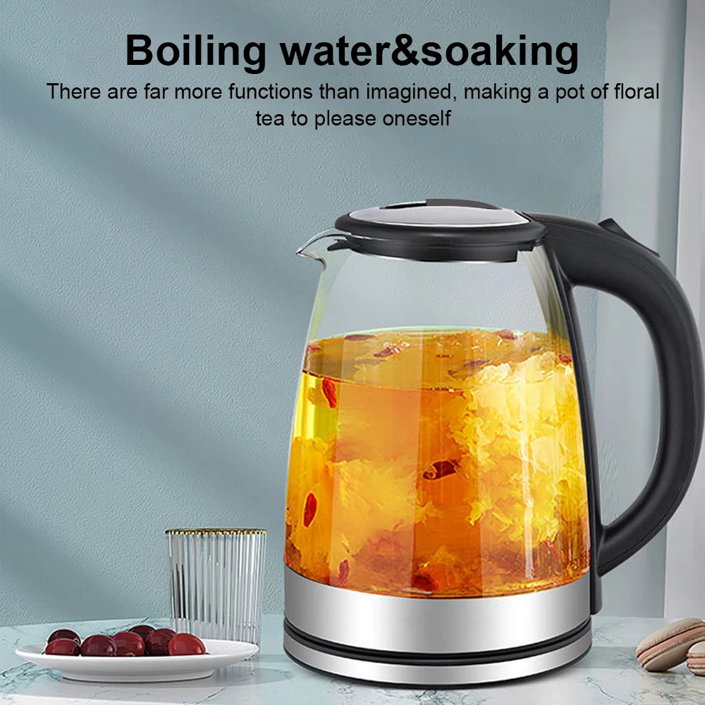 2L Electric Kettle Fast Glass Kettle Boil Quiet 360 Blue LED Boil-Dry Protection