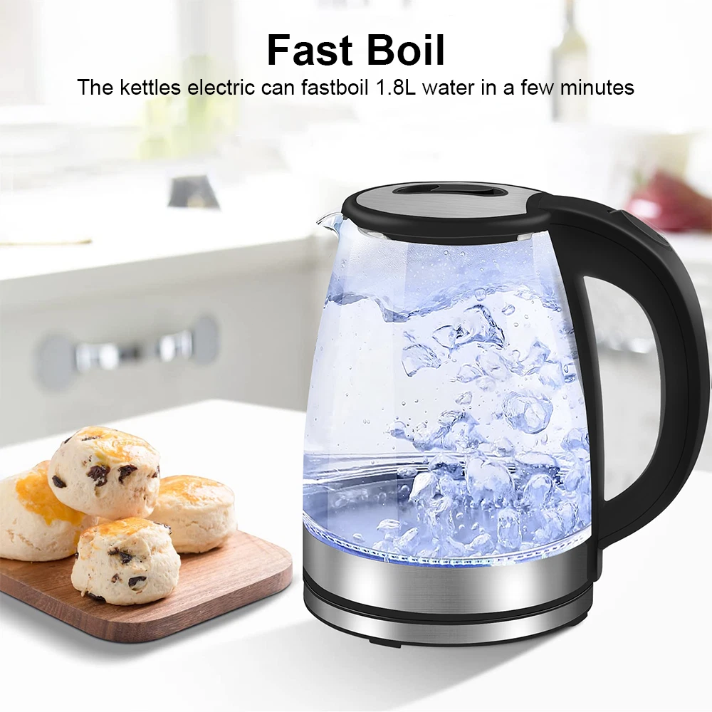 2L Electric Kettle Fast Glass Kettle Boil Quiet 360 Blue LED Boil-Dry Protection
