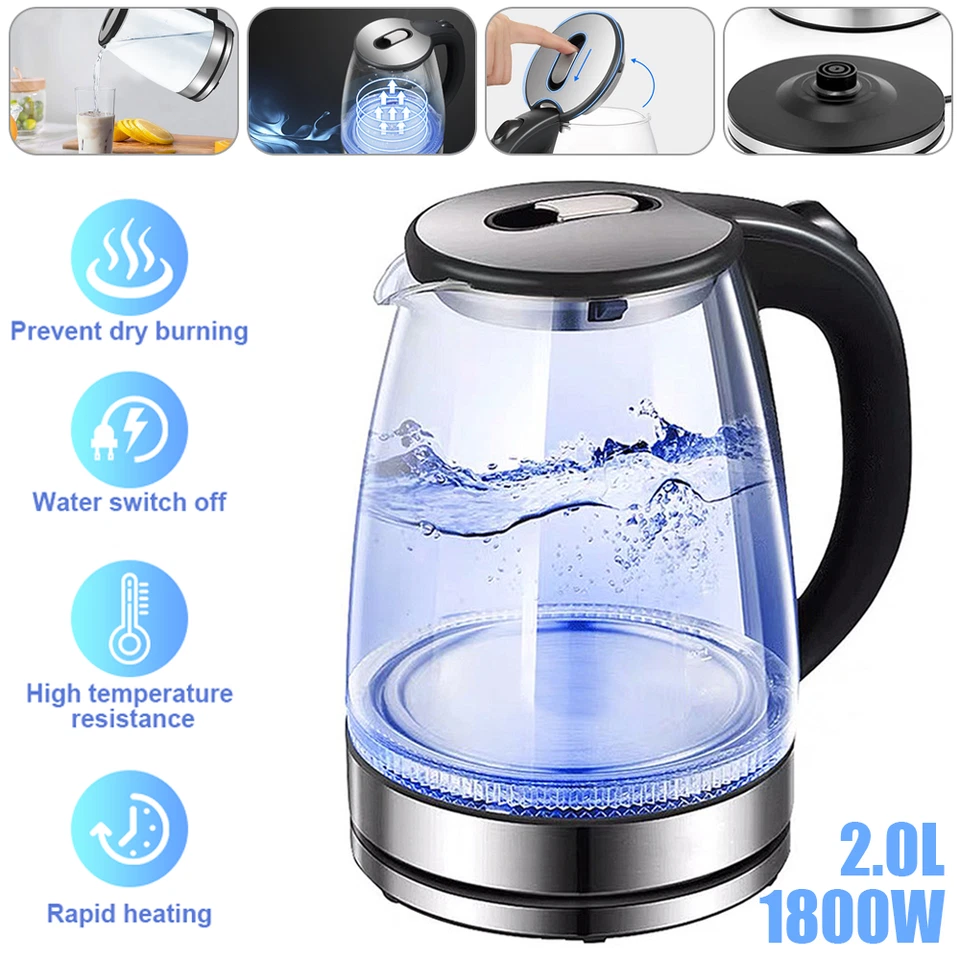 2L Elektrischer Wasserkocher, schnell, Glas, leise, 360°-Sockel, blaue LED-Anzeige, Trockengehschutz