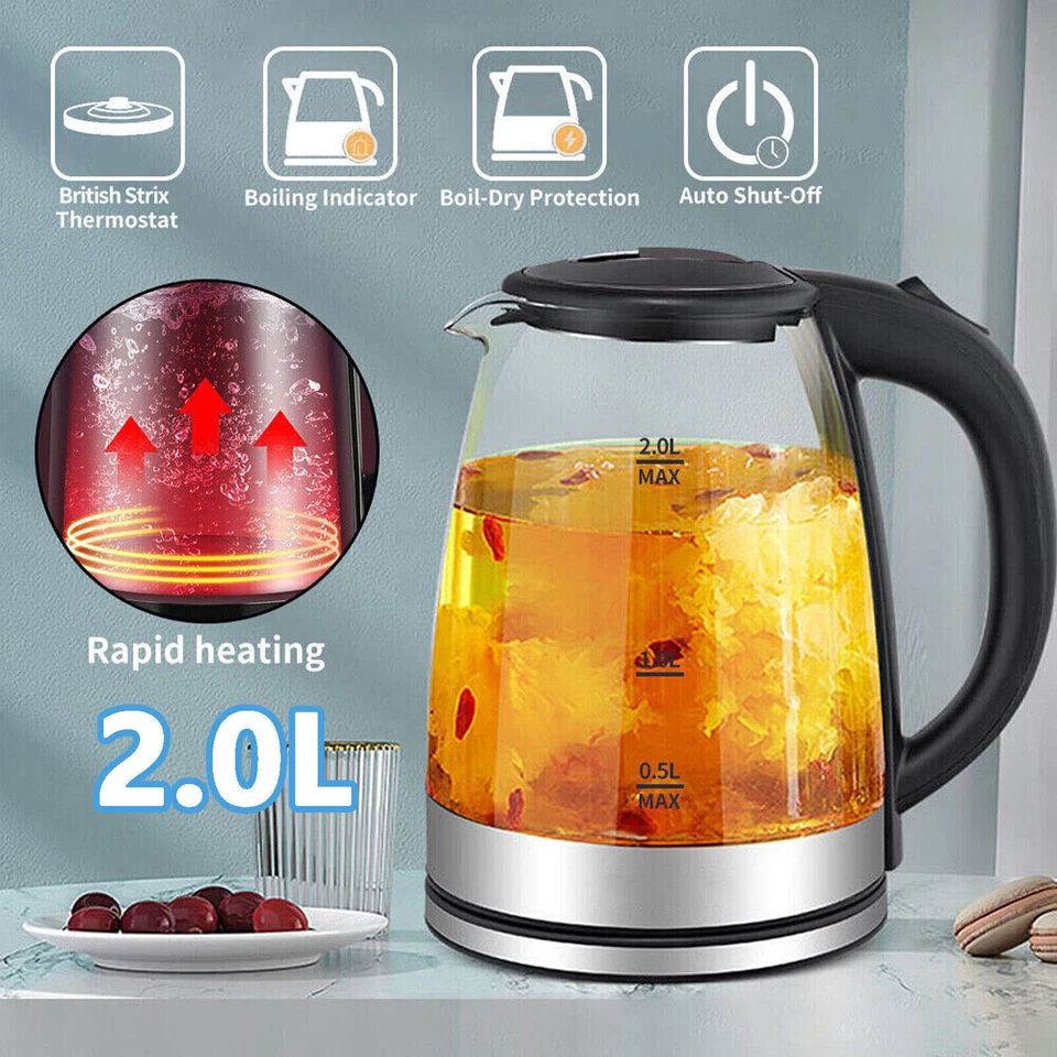 2L Electric Kettle Fast Glass Kettle Boil Quiet 360 Blue LED Boil-Dry Protection