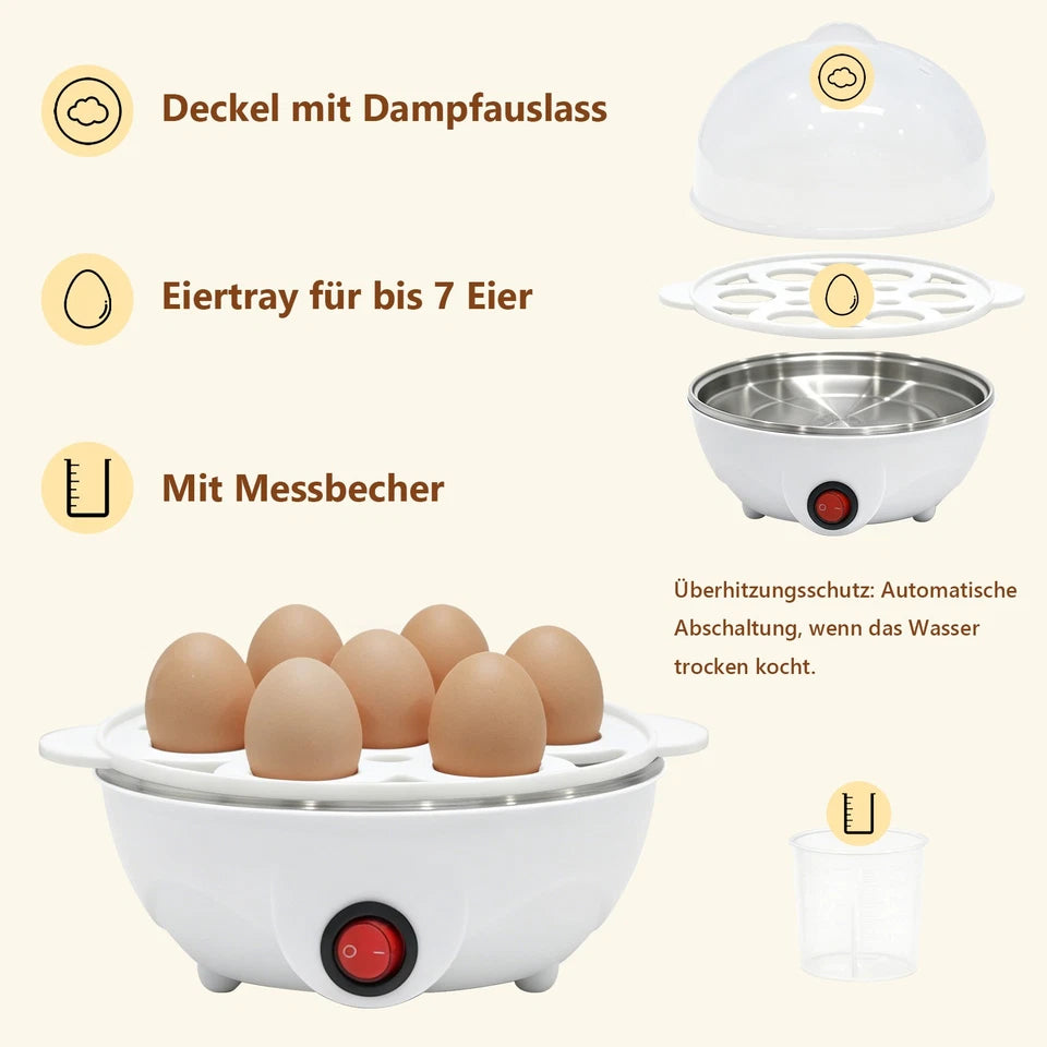 Egg Cooker for 1-7 Eggs, 350W, 3 Degrees of Hardness, Overheat Protection, Includes Egg Holders
