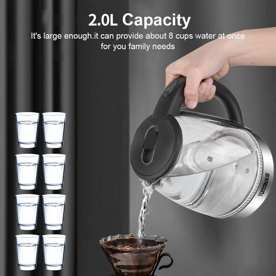 2L Electric Kettle Fast Glass Kettle Boil Quiet 360 Blue LED Boil-Dry Protection