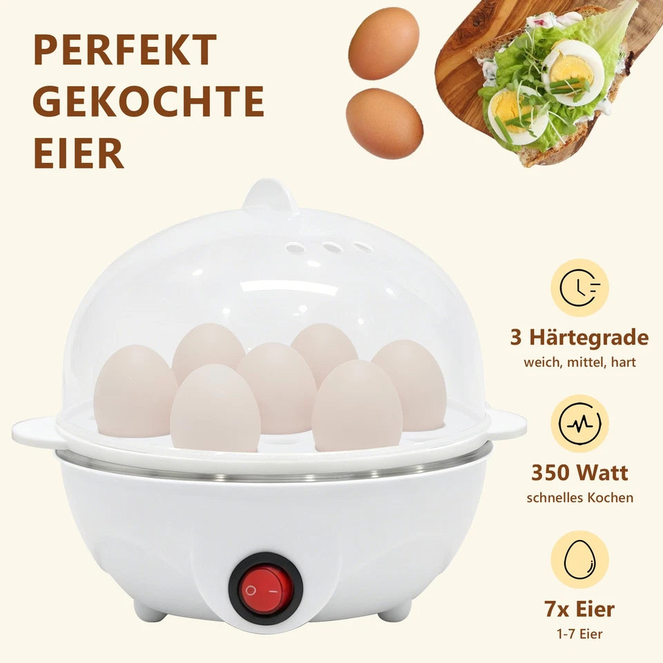 Egg Cooker for 1-7 Eggs, 350W, 3 Degrees of Hardness, Overheat Protection, Includes Egg Holders